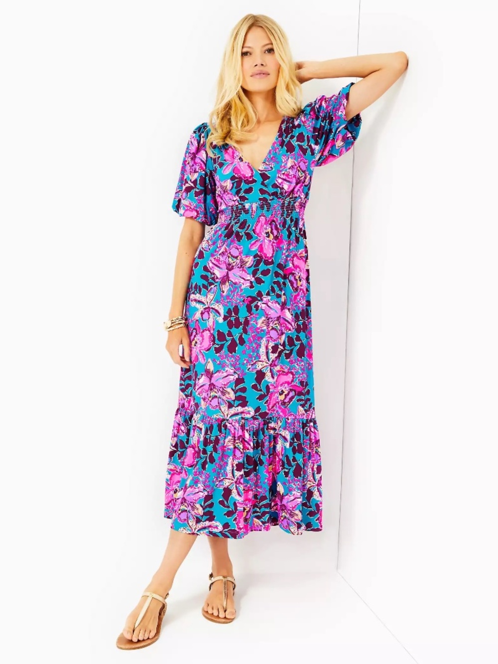 Lilly Pulitzer Holloway Elbow Sleeve Midi Dress Blue Rhapsody Orchid You Not